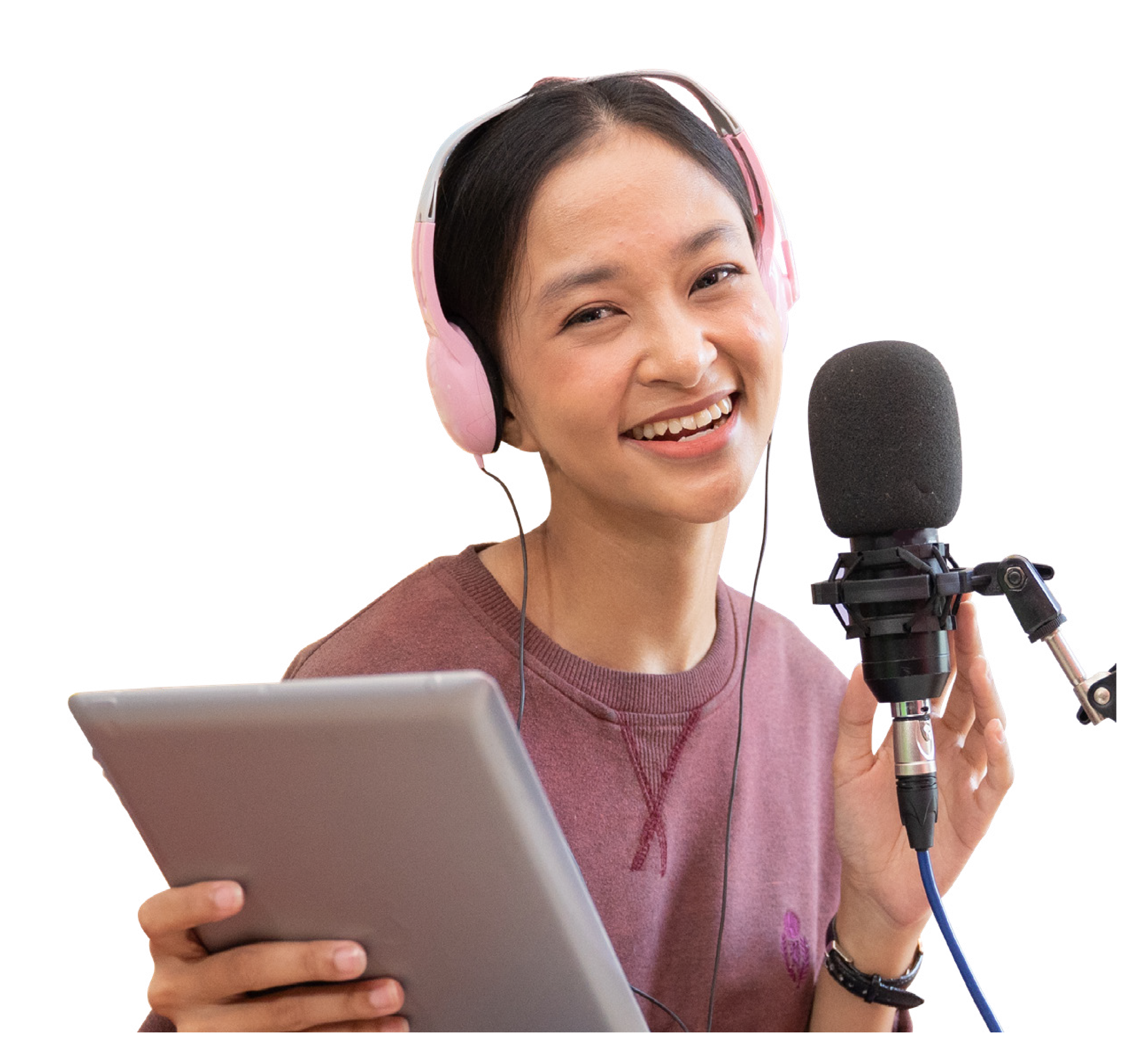 a secondary school student holding a learning pad 
